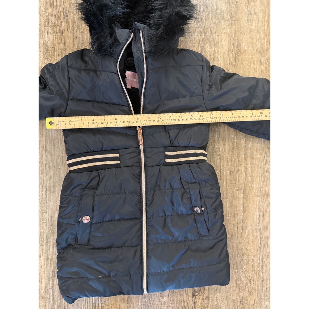 BCBG Girls Black Quilted Puffer Jacket Faux Fur Hood Rose Gold Size S Coat - Picture 3 of 9